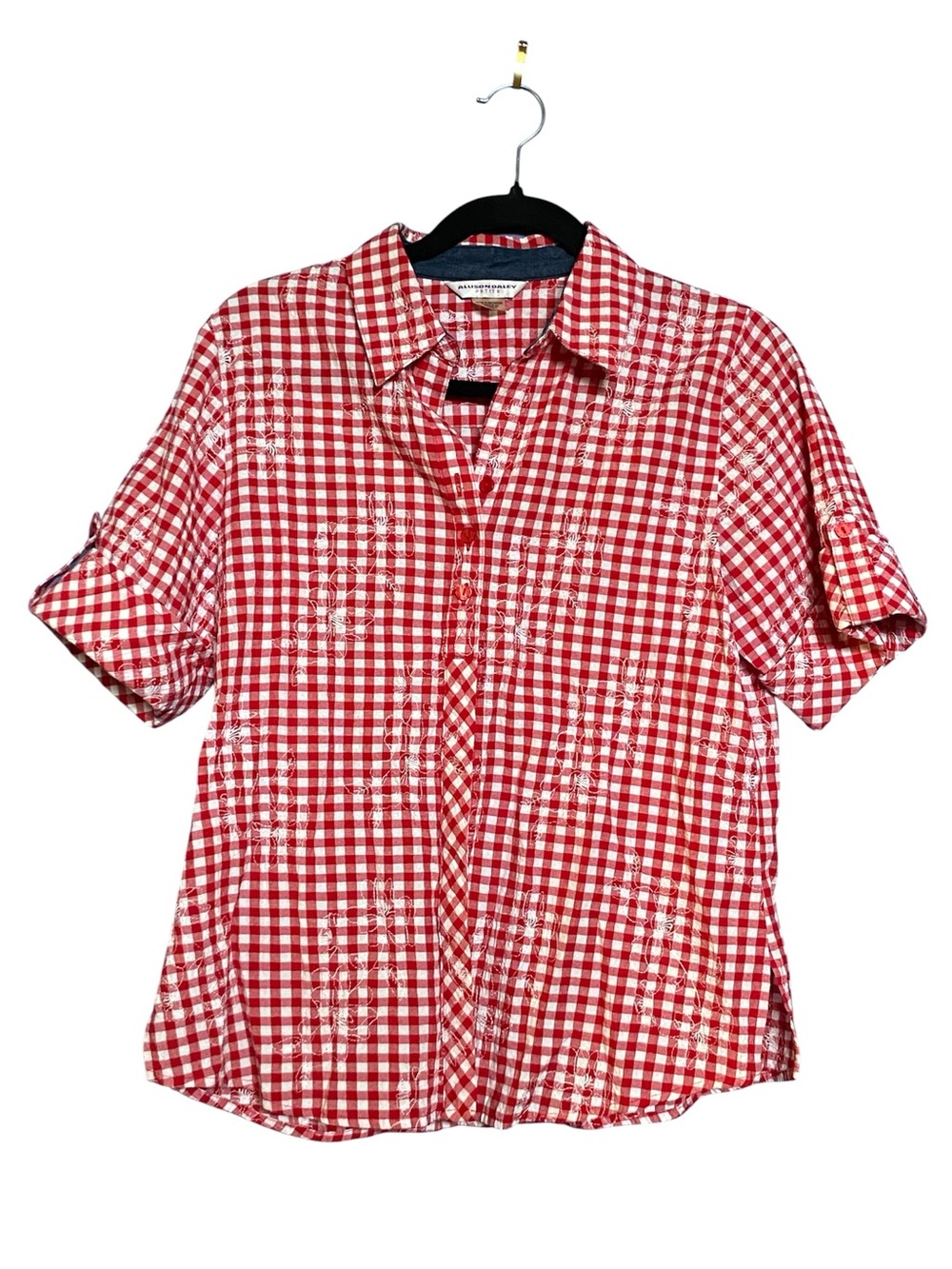 Allison Daley Red & White Gingham Shirt with Denim Trim